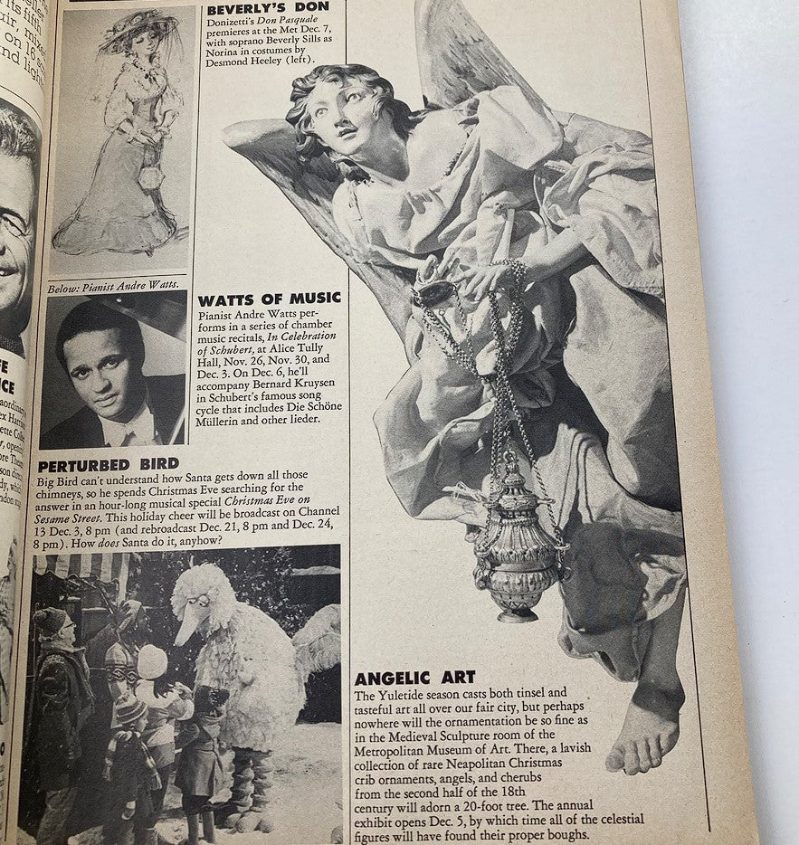 Image from the VTG New York Cue Magazine December 8, 1978, featuring a segment on 'Perturbed Bird' and an article about 'Angelic Art' discussing Christmas decorations at the Metropolitan Museum of Art.