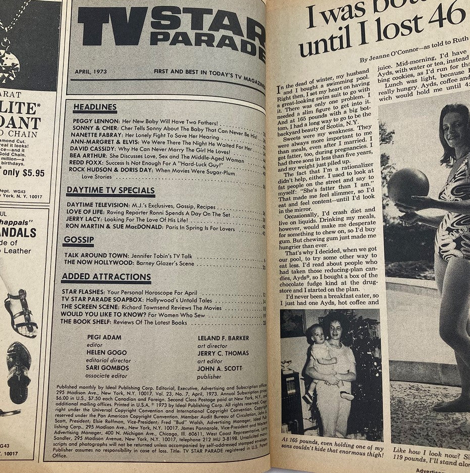 Interior page of VTG TV Star Parade Magazine April 1973 Vol 23 #7 displaying headlines and articles about popular television stars, including features on Cher and Sonny, along with updates on daytime TV specials.