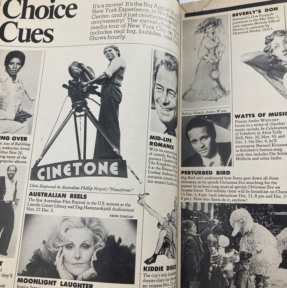 Image from the VTG New York Cue Magazine December 8, 1978, showcasing 'Choice Cues' with articles on film and television, including a feature on 'Perturbed Bird' and classical music events.