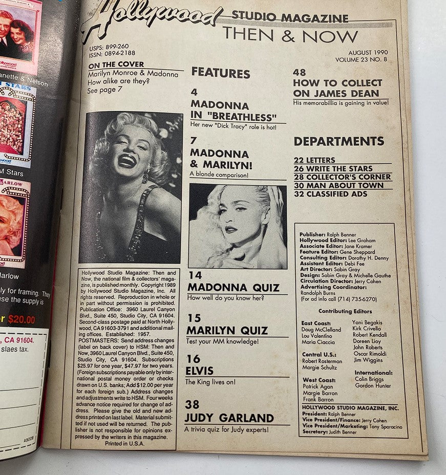 Table of contents from Hollywood Studio Magazine Then & Now August 1990 featuring Marilyn Monroe and Madonna, showcasing features and articles.
