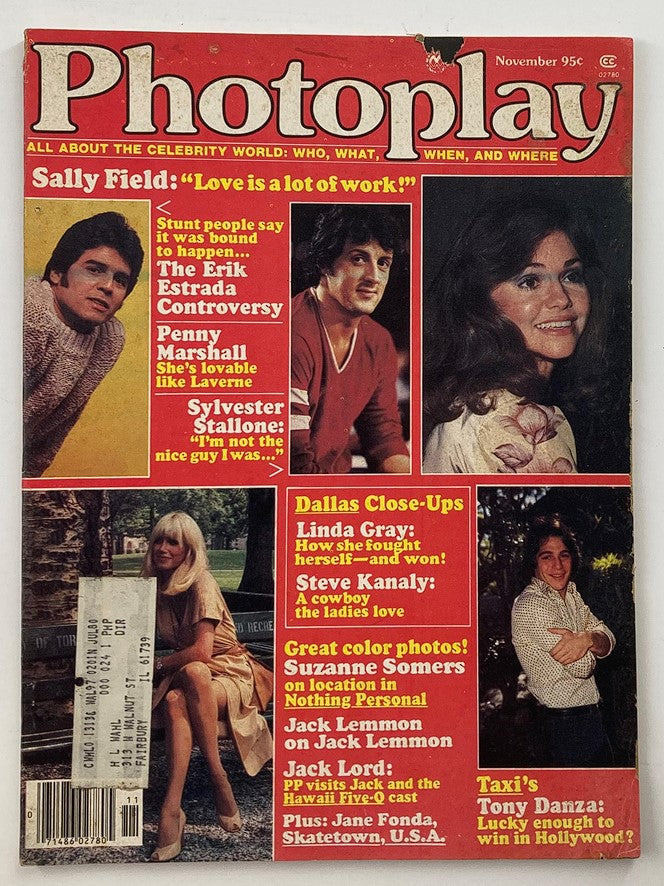 Cover of VTG Photoplay Magazine November 1979 featuring Sylvester Stallone and Sally Field, along with various celebrity highlights and articles from the late 1970s.