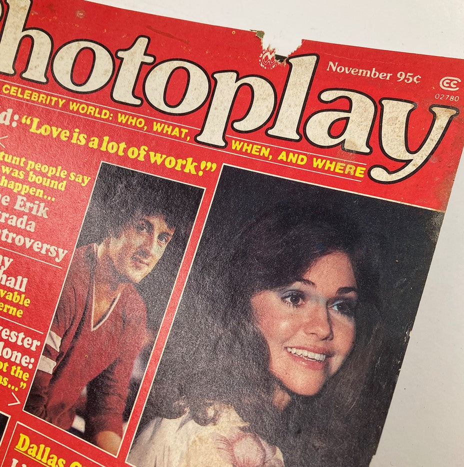 VTG Photoplay Magazine November 1979 Vol 93 #9 cover featuring Sylvester Stallone and Sally Field with a bold red background.