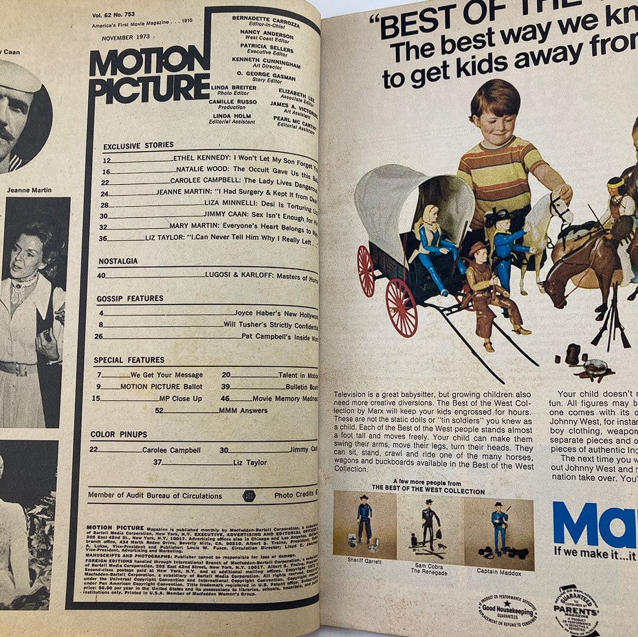 Inside page of VTG Motion Picture Magazine November 1973 Vol 62 #753 showcasing the table of contents and exclusive stories alongside vintage advertisements from the 1970s.