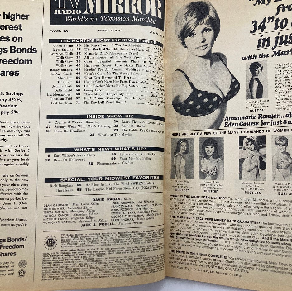 VTG TV Radio Mirror Magazine August 1970, featuring articles on entertainment, including Lawrence Welk and vintage advertisements, showcasing the cultural essence of the 1970s.