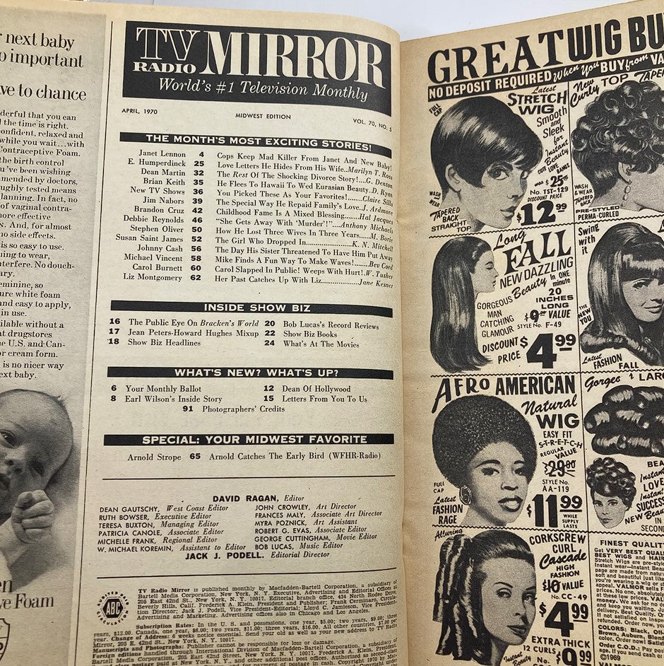 Inside page of VTG TV Radio Mirror Magazine April 1970 Vol 70 #5 displaying articles and features, highlighting popular culture and television of the 1970s.