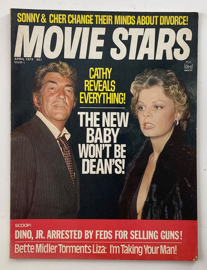 Cover of the VTG Movie Stars Magazine, April 1974 edition featuring Dean Martin and Catherine Hawn, with headlines about celebrity gossip including Sonny & Cher's divorce and Cathy revealing everything.