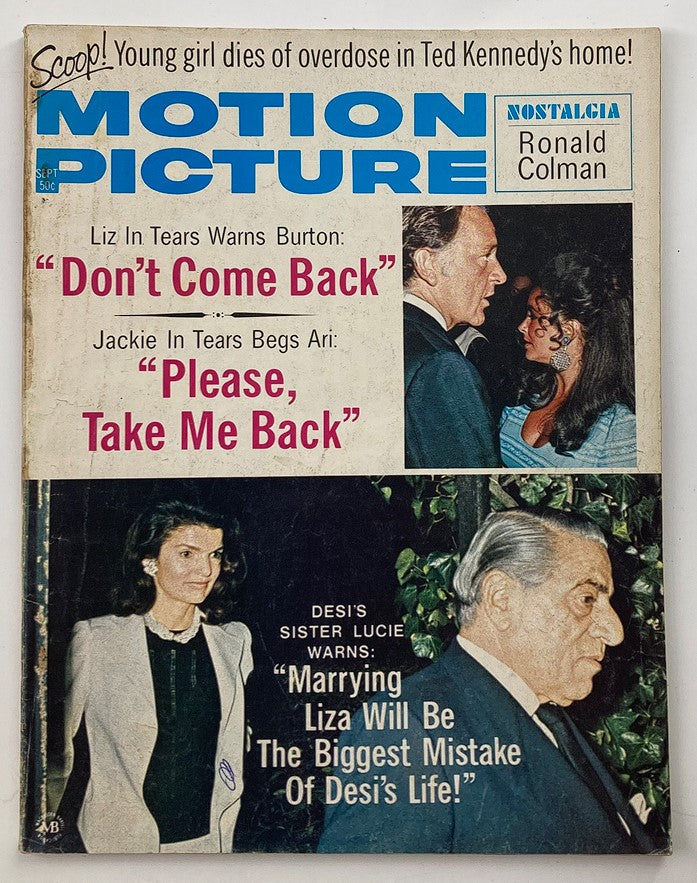 VTG Motion Picture Magazine September 1972 cover featuring headlines about Jackie Kennedy and Aristotle Onassis, along with Elizabeth Taylor, emphasizing their emotional states and celebrity issues.
