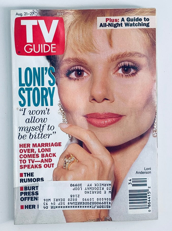 Cover of TV Guide Magazine August 21 1993 featuring Loni Anderson's story, with the headline 'Loni's Story' and a close-up of Loni Anderson showcasing her beauty and style.