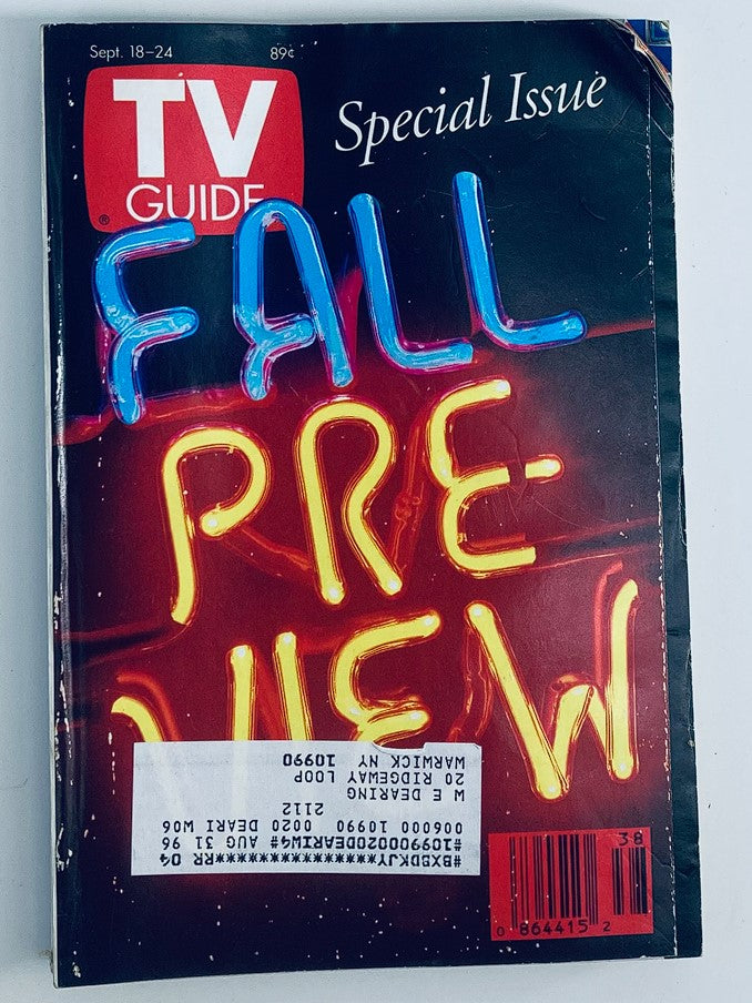 Cover of TV Guide Magazine September 18 1993 Fall Preview Special Issue NY Metro Edition featuring vibrant neon 'Fall Preview' text and iconic TV Guide branding.