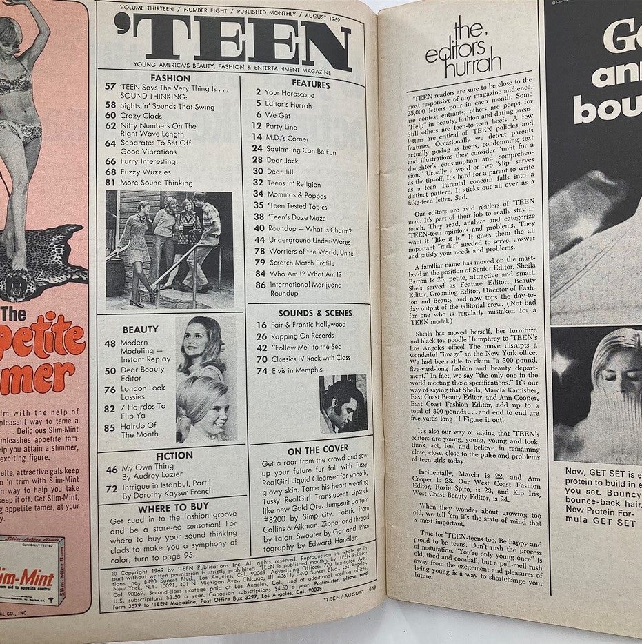 Inside page of 'Teen Magazine August 1969, Volume 13, Issue #8 showcasing the table of contents with sections on fashion and features including Elvis in Memphis.
