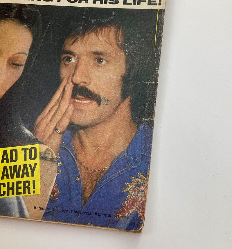 Close-up of the Vintage Movie Mirror magazine cover from January 1974, showcasing Sonny Bono with a surprised expression next to Cher, underlined by the headline regarding Elvis's struggle.
