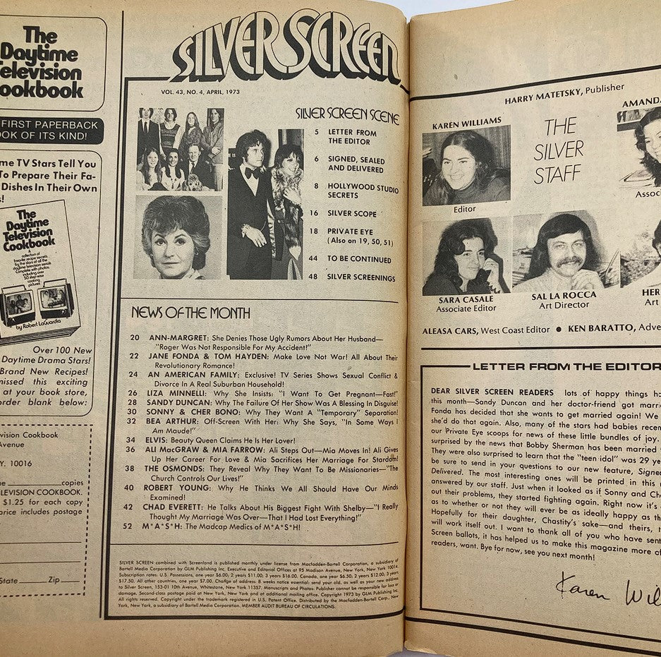 Inside page of VTG Silver Screen Magazine April 1973 Volume 43 Issue 4 showcasing the editorial team and table of contents, reflecting on key entertainment news of the era.