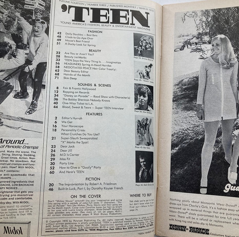 Inside page of VTG 'Teen Magazine March 1970 Volume 14 Number 3 showcasing the table of contents and articles related to fashion, beauty, and entertainment.