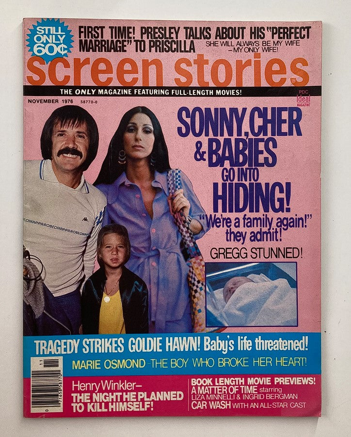 VTG Screen Stories Magazine November 1976 featuring Sonny, Cher & Babies on the cover, highlighting the iconic couple and family life.