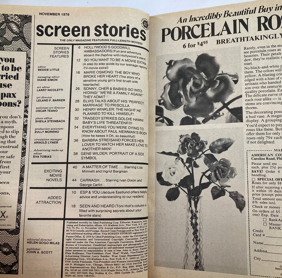 Interior page of VTG Screen Stories Magazine November 1976, showcasing the table of contents and features including Sonny, Cher & Babies.