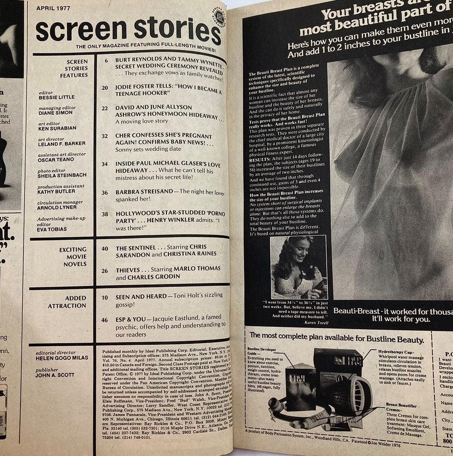 Inside page of VTG Screen Stories Magazine April 1977, showcasing the table of contents with features on Burt Reynolds and Tammy Wynette, movie novels, and additional articles.