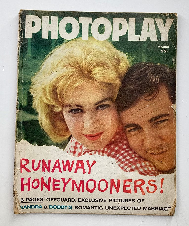 Cover of VTG Photoplay Magazine March 1961 featuring Sandra Dee and Bobby Darin with the title 'RUNAWAY HONEYMOONERS!' highlighting their romantic story.