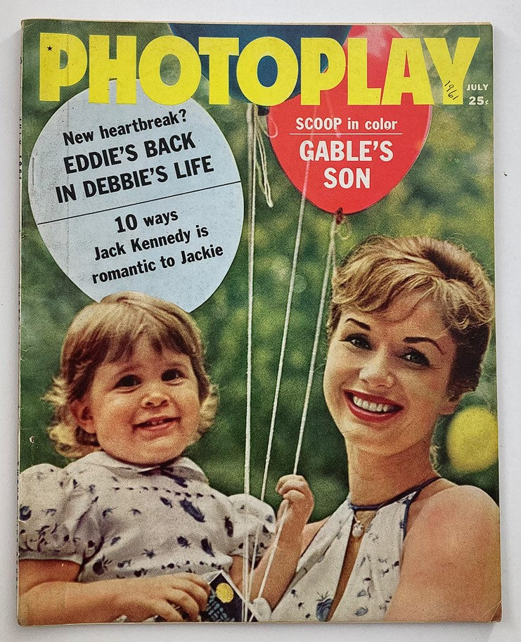 Cover of VTG Photoplay Magazine July 1961 featuring Debbie Reynolds and a young girl with balloons, showcasing classic Hollywood nostalgia.