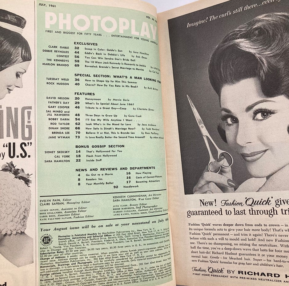 Interior page of VTG Photoplay Magazine July 1961 listing articles and features including Debbie Reynolds and Clark Gable, highlighting vintage cinema content.