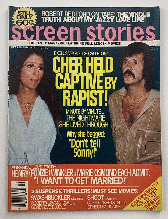 VTG Screen Stories Magazine September 1976 featuring Cher and Burt Reynolds on the cover, with headlines about exclusive stories and classic cinema.