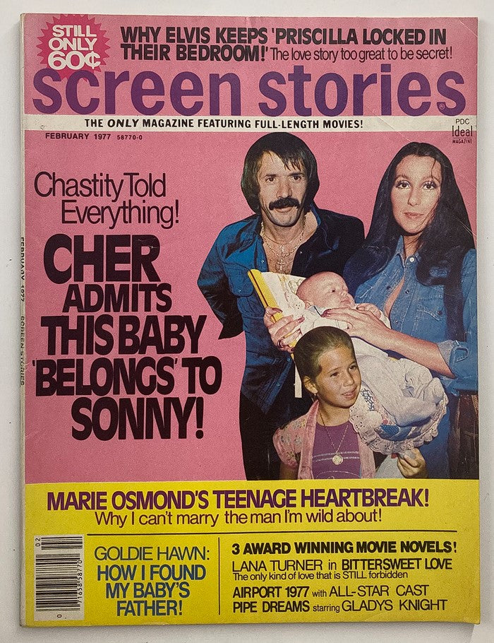 VTG Screen Stories Magazine February 1977 featuring Sonny & Cher and Marie Osmond on the cover. Highlights include an article about Cher's family and a feature on Marie Osmond's teenage heartbreak.