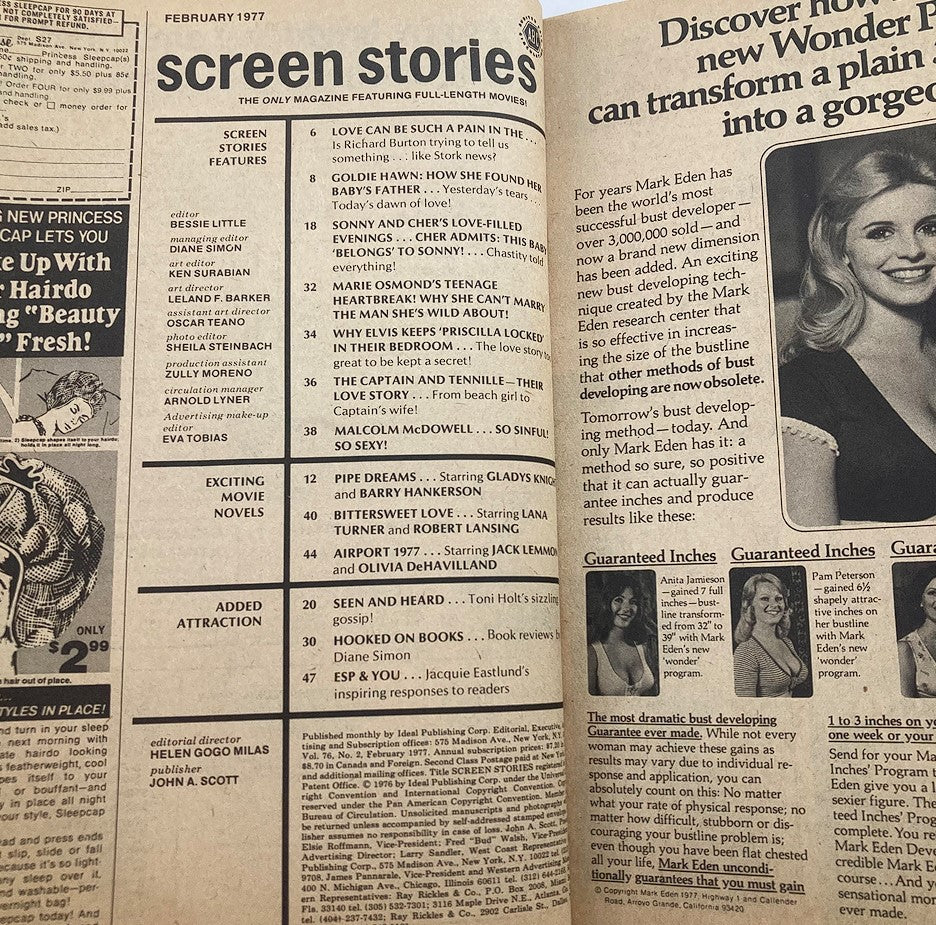 Inside page of the VTG Screen Stories Magazine February 1977. Includes an index of featured stories like Love Can Be Such a Pain and articles on popular stars from the 1970s.
