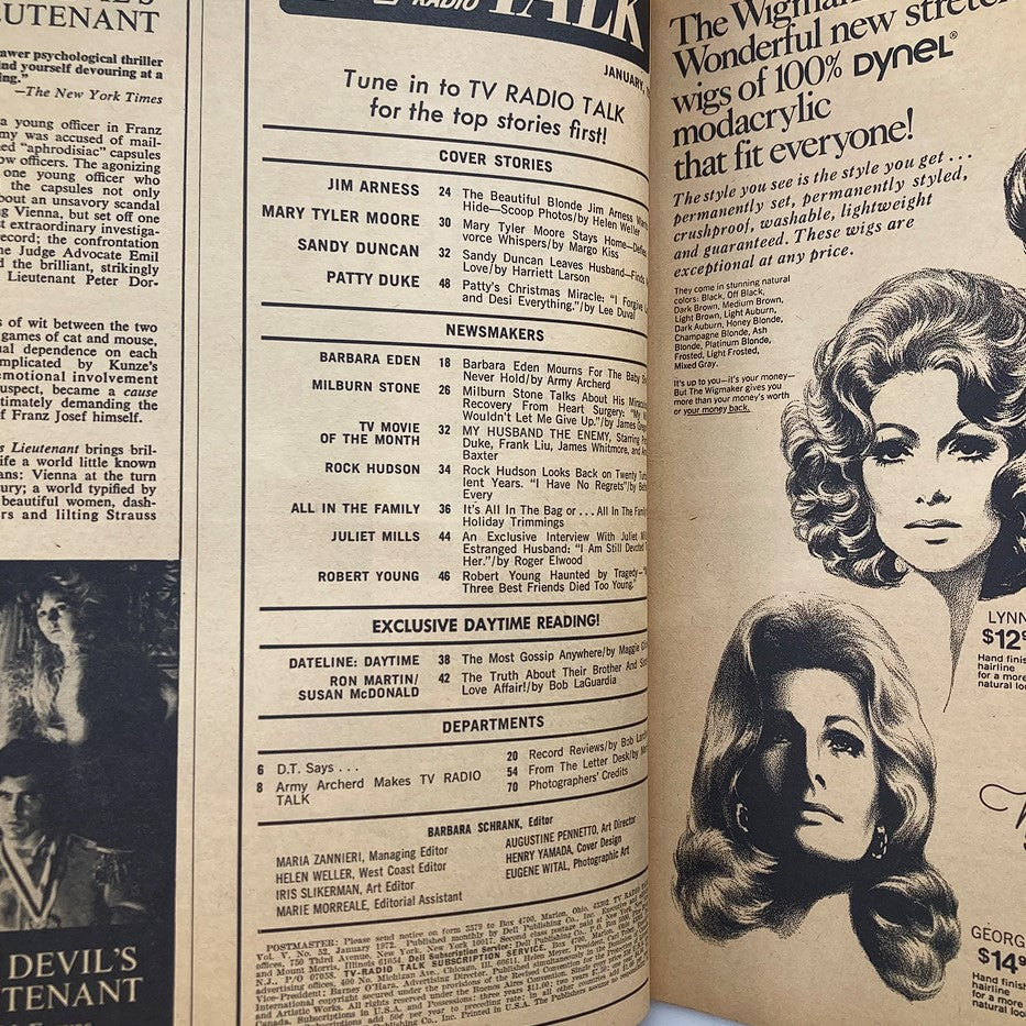 Interior page of the VTG TV Radio Talk Magazine January 1972 with advertisements and contents showcasing cover stories from notable television personalities.