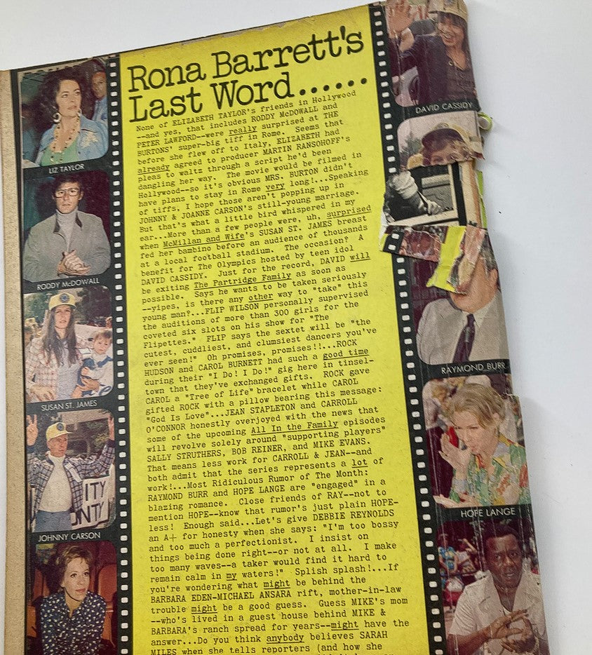 Rona Barrett's Gossip Magazine November 1973 Vol1 #12 featuring a yellow page titled 'Rona Barrett's Last Word' discussing Hollywood celebrities including Liz Taylor, Roddy McDowall, Johnny Carson, and David Cassidy, with images of the stars alongside text reflecting on pop culture in the early 1970s.