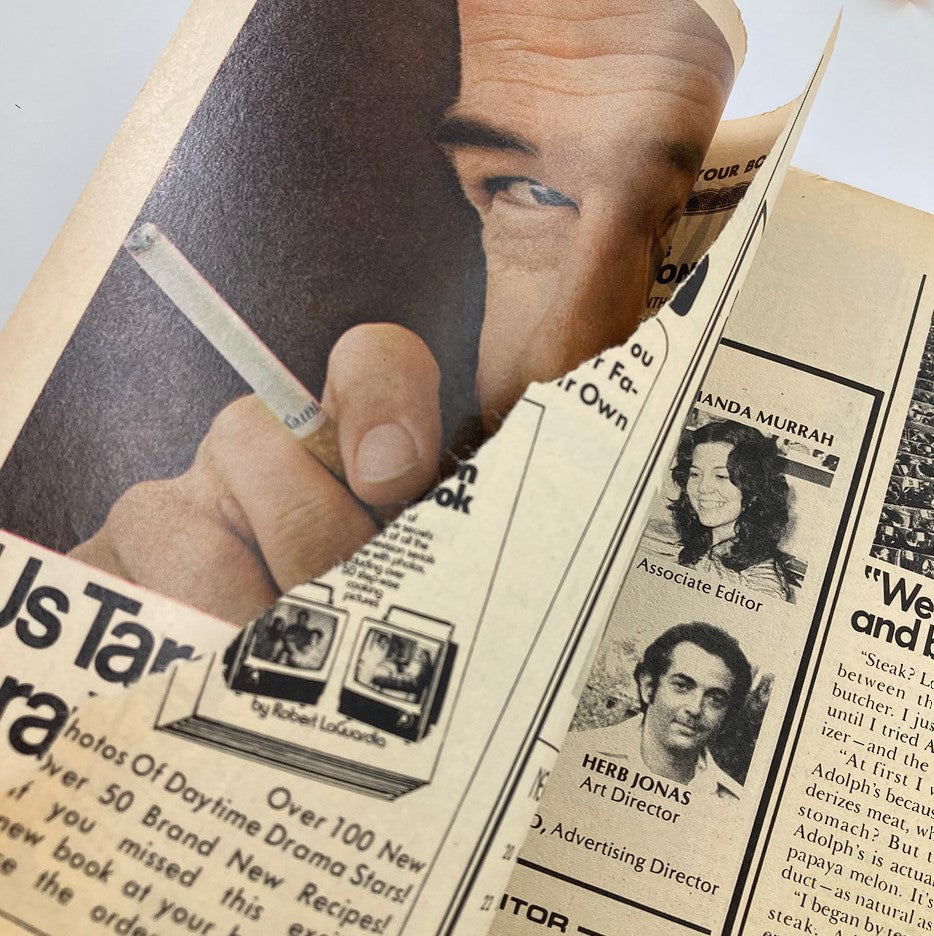 Inside page of the VTG Silver Screen Magazine April 1973, highlighting a close-up image of a man smoking and revealing an article about daytime drama stars.