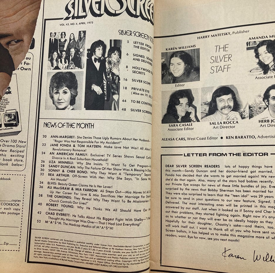 Another inside page from the VTG Silver Screen Magazine April 1973 featuring editorial staff and a letter from the editor, along with news highlights from the issue.