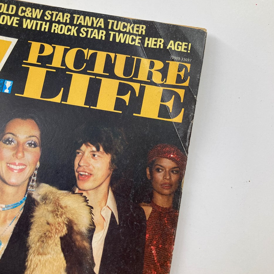 Close-up of the VTG TV Picture Life Magazine June 1975 Cover featuring Cher, Peter Falk, and a stunning background of 1970s fashion.