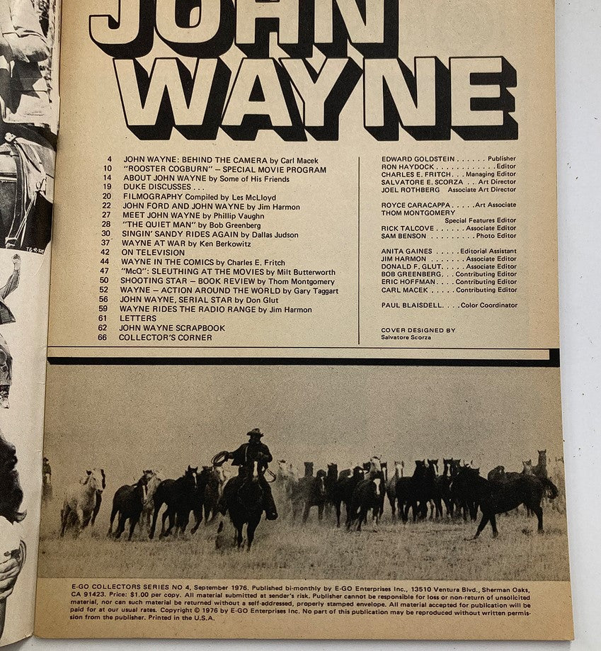 Inside page of VTG E-Go Collectors Magazine Series No. 4 September 1976, with a list of articles and features related to John Wayne, reflecting the magazine's dedication to his career.