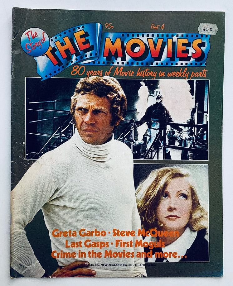 Vintage magazine cover of 'The Story of The Movies' from 1974, Part 4 featuring Greta Garbo and Steve McQueen, highlighting classic cinema history.