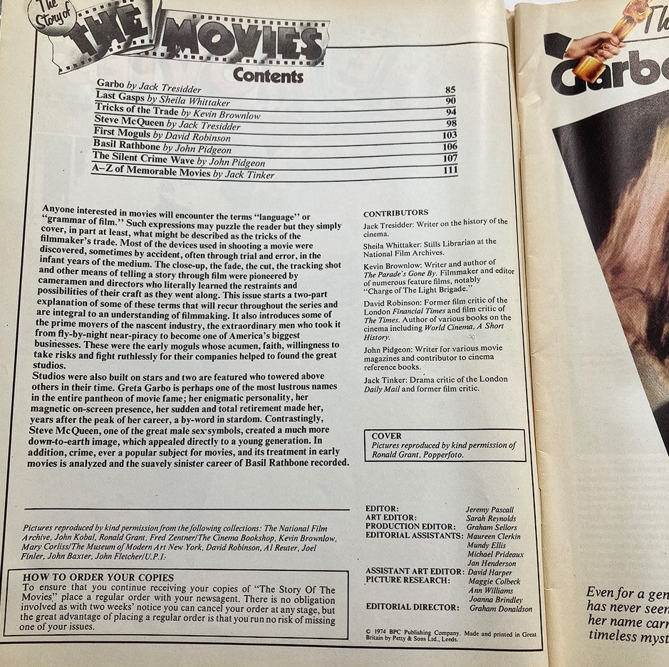 Contents page of 'The Story of The Movies' magazine 1974, Part 4, showcasing articles including Greta Garbo, Steve McQueen, and more.