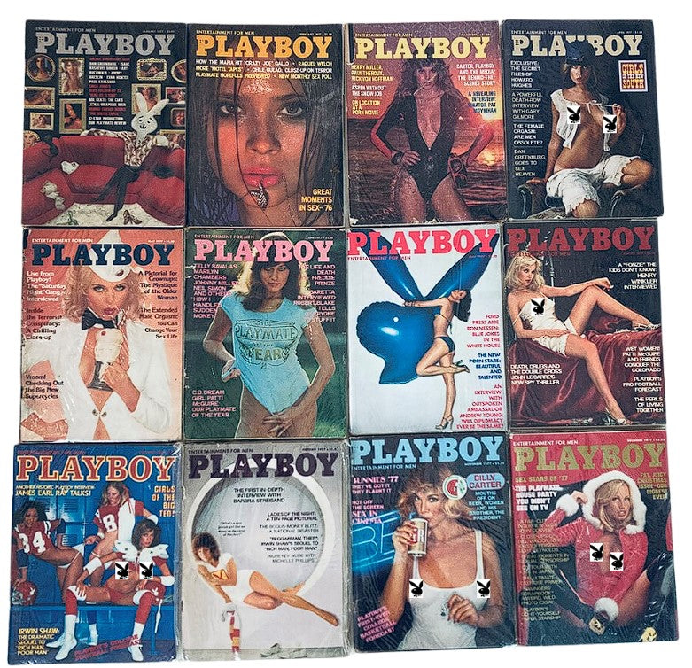 Vintage Playboy Magazine Lot featuring 12 full issues from 1977, showcasing iconic covers and centerfolds from each month. Perfect for collectors and nostalgia enthusiasts.