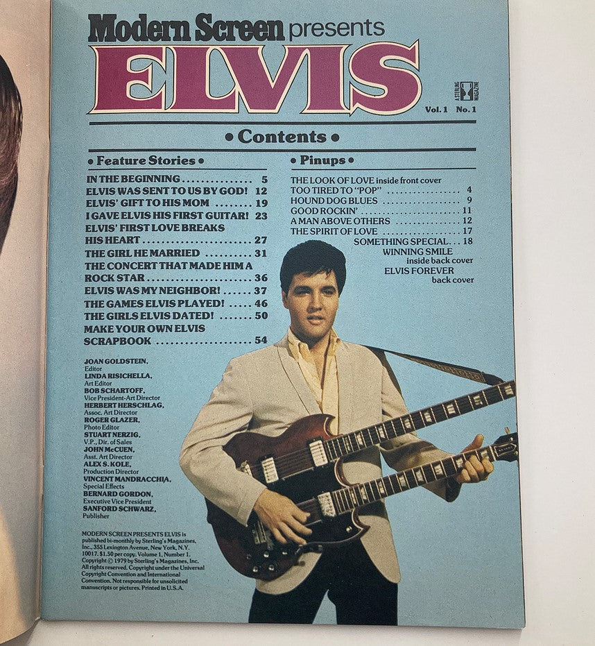 VTG Modern Screen Magazine 1979 Vol 1 #1 Elvis Presley contents page displaying featured stories and pinups, with a photo of Elvis holding two guitars, showcasing the magazine's layout and topics.