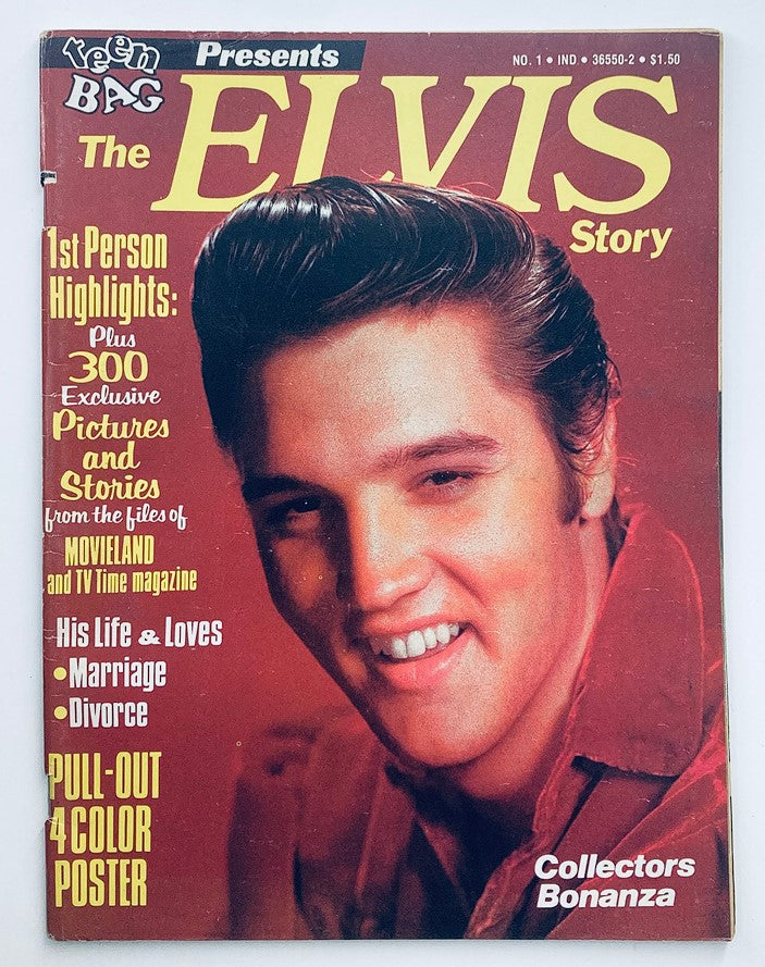 Cover of VTG 1977 Teen Bag Magazine featuring The Elvis Presley Story, showcasing a smiling Elvis Presley with vibrant colors and retro design.