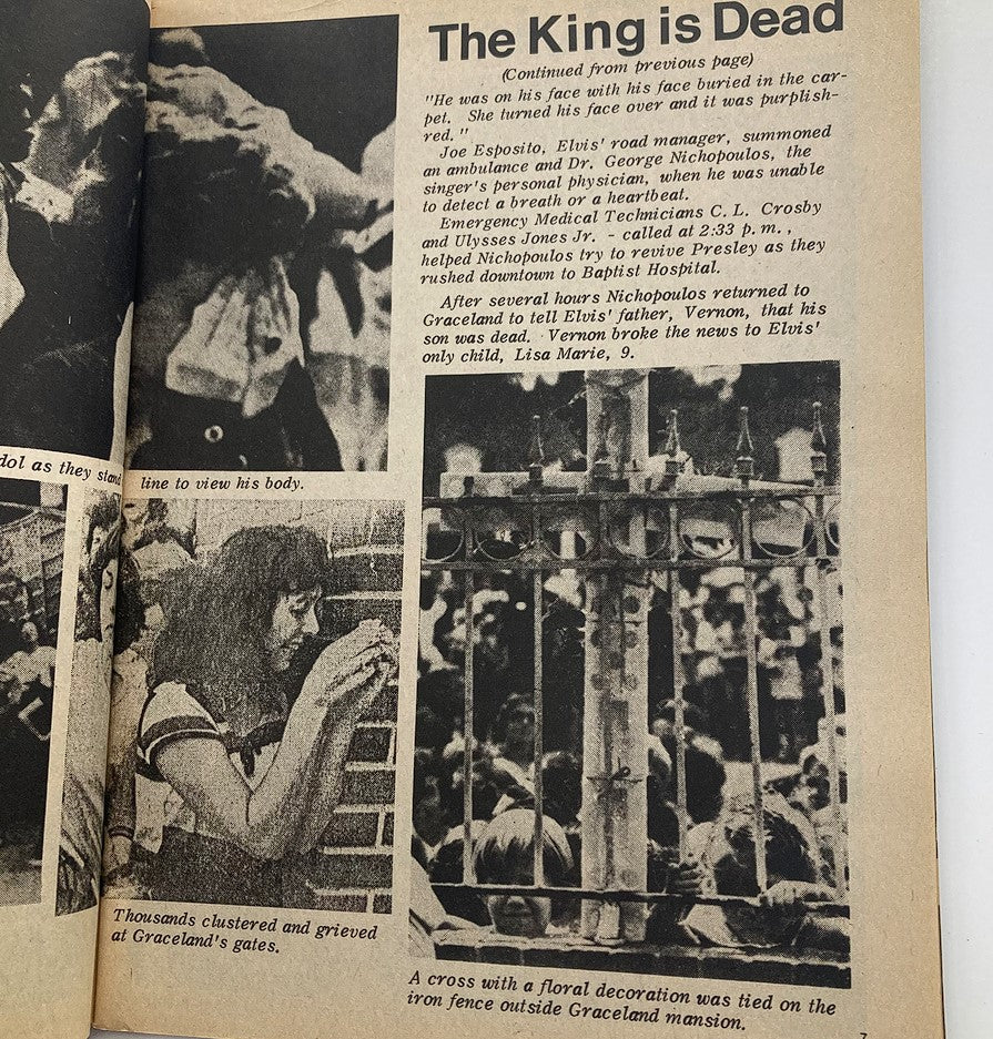 Continuation of an article from the VTG 1977 Teen Bag Magazine about Elvis Presley’s death, featuring emotional fans and the surroundings of Graceland.