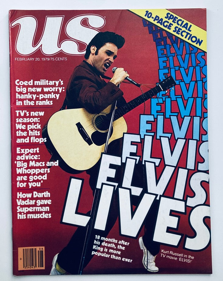 Cover of the VTG Us Magazine from February 20, 1979, featuring Elvis Presley with guitar and the headline 'Elvis Lives', highlighting Kurt Russell in the TV movie 'Elvis'.