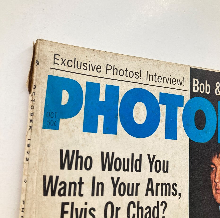 Close-up of the cover of VTG Photoplay Magazine October 1972 Vol 82 #4 showcasing the title 'PHOTOPLAY' and the question, 'Who Would You Want In Your Arms, Elvis Or Chad?'