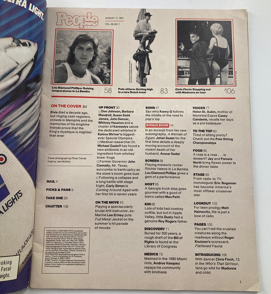 People Weekly Magazine August 1987, Volume 28, Issue 7, showcasing the table of contents with features including Elvis Presley and other contemporary pop culture articles.