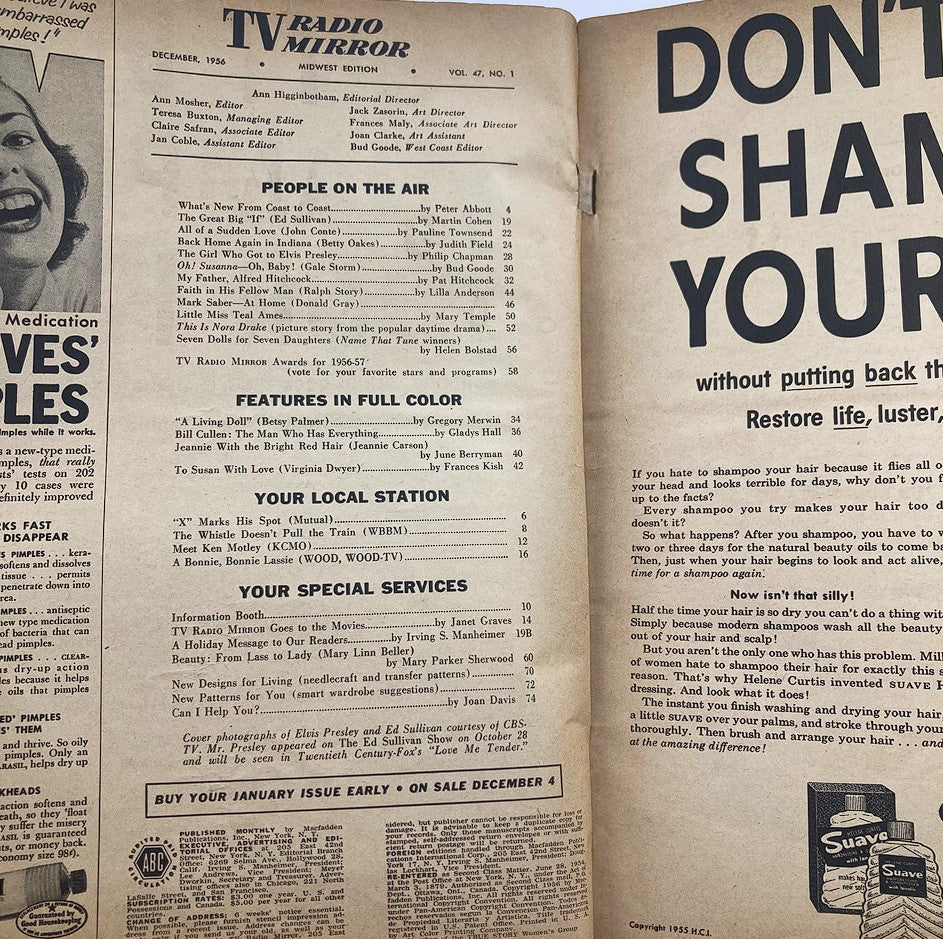 Inside page of the Vintage TV Radio Mirror Magazine December 1956, showcasing features and articles about television stars and programs.