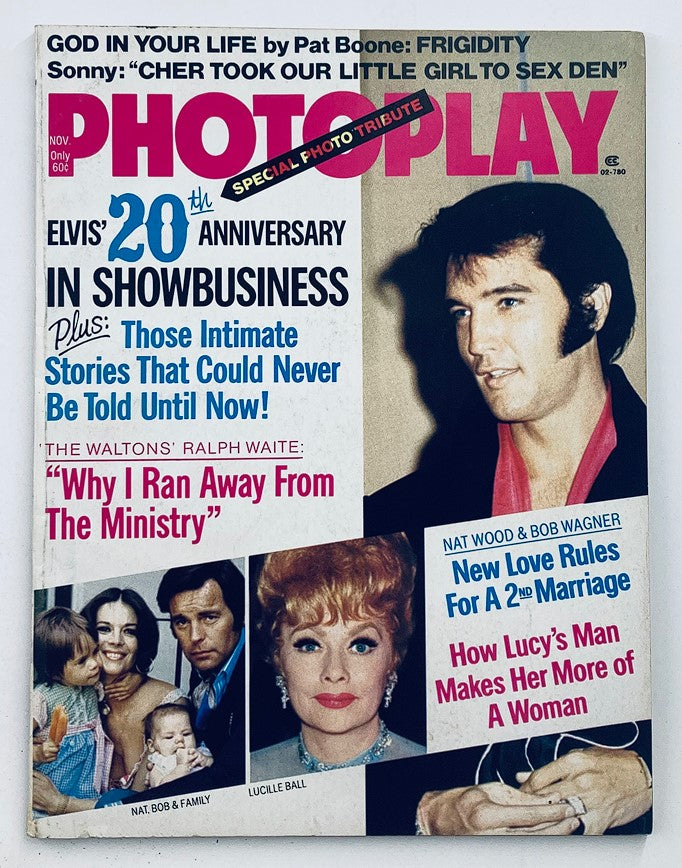 VTG Photoplay Magazine November 1974 Vol 86 #5 featuring Elvis Presley on the cover, highlighting his 20th anniversary in show business, along with other notable personalities like Lucille Ball and Ralph Waite.
