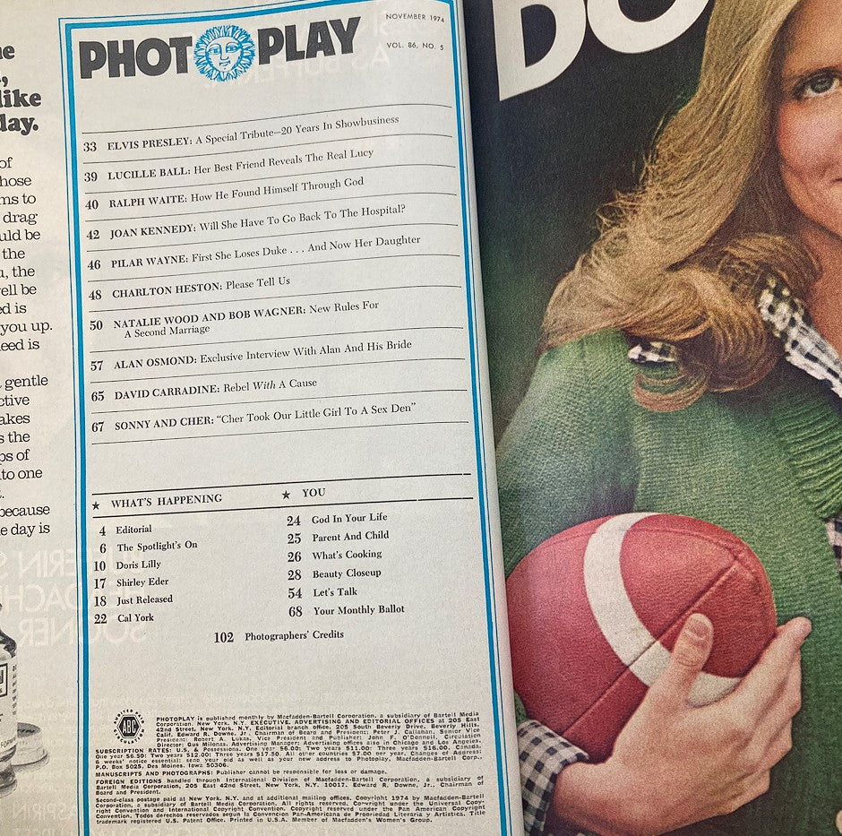 Contents page of VTG Photoplay Magazine November 1974 Vol 86 #5, listing articles including a special tribute to Elvis Presley and features on various celebrities.
