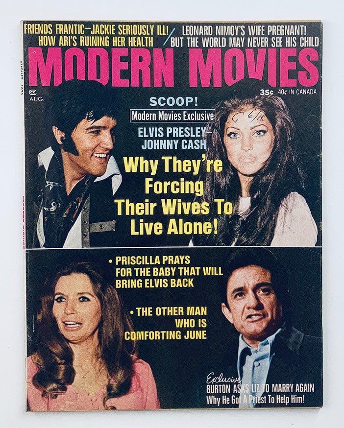 August 1970 issue of Modern Movies Magazine featuring Elvis Presley and Johnny Cash on the cover, showcasing vibrant pop culture from the late 1960s and early 1970s. The magazine highlights exclusive articles and photos, reflecting the golden age of Hollywood and rock music.