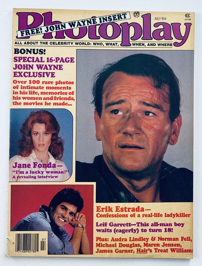 Cover of VTG Photoplay Magazine July 1979 Vol 93 #5 featuring John Wayne, Jane Fonda, and Erik Estrada. Highlights a special John Wayne insert and classic Hollywood themes.