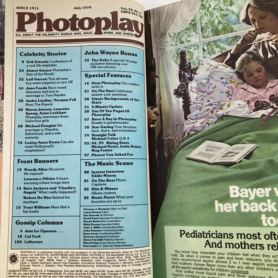 Interior page of VTG Photoplay Magazine July 1979 Vol 93 #5 displaying the table of contents, featuring articles about celebrities like Erik Estrada and James Garner.