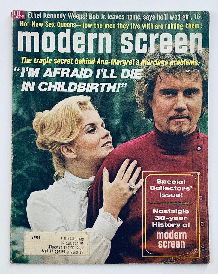 Cover of VTG Modern Screen Magazine January 1972 featuring Ann-Margret and a male model, highlighting the theme 'I'm Afraid I'll Die in Childbirth' and emphasizing the magazine's special collectors' issue.