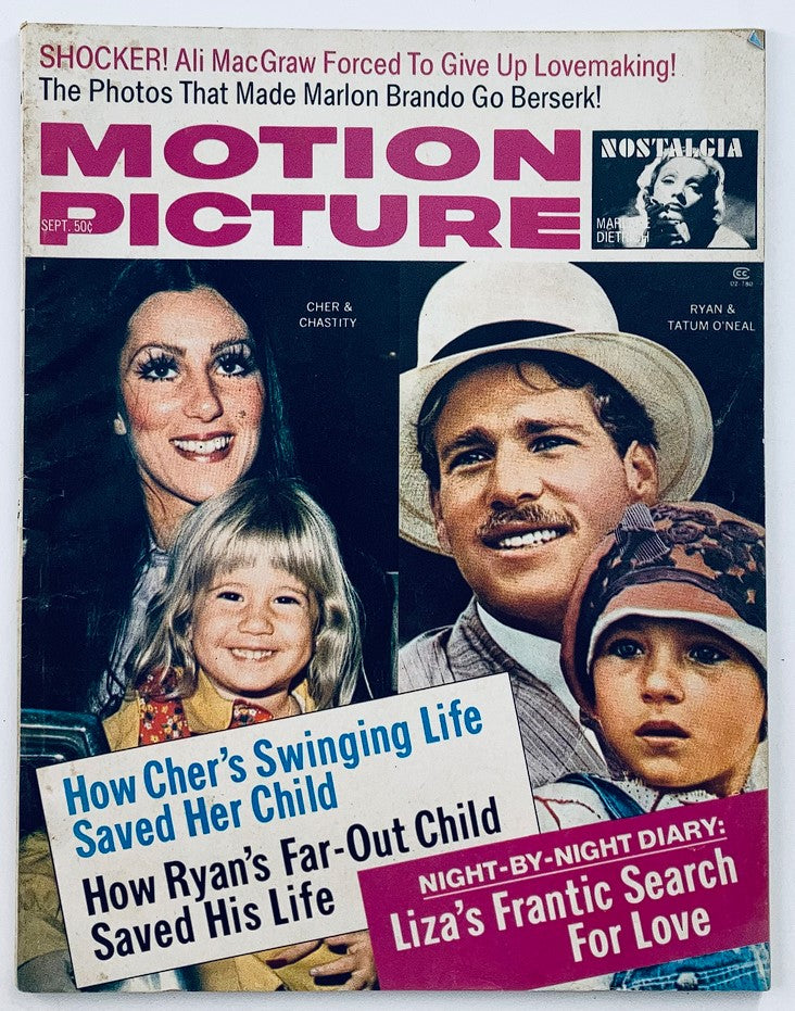 VTG Motion Picture Magazine September 1973 featuring Cher and Chastity on the cover, showcasing articles about Hollywood celebrities and nostalgic content. The magazine's title is prominently displayed in bold pink letters.