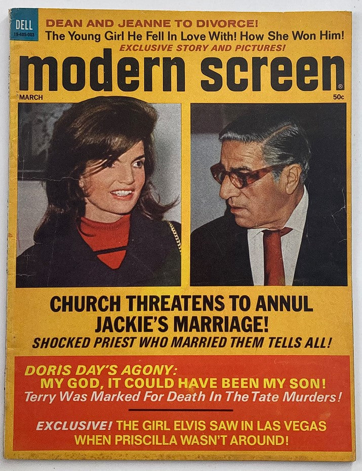 VTG Modern Screen Magazine March 1970 featuring Jackie Kennedy and Aristotle Onassis on the cover, highlighting their lives and marriage with bold headlines and vibrant colors.